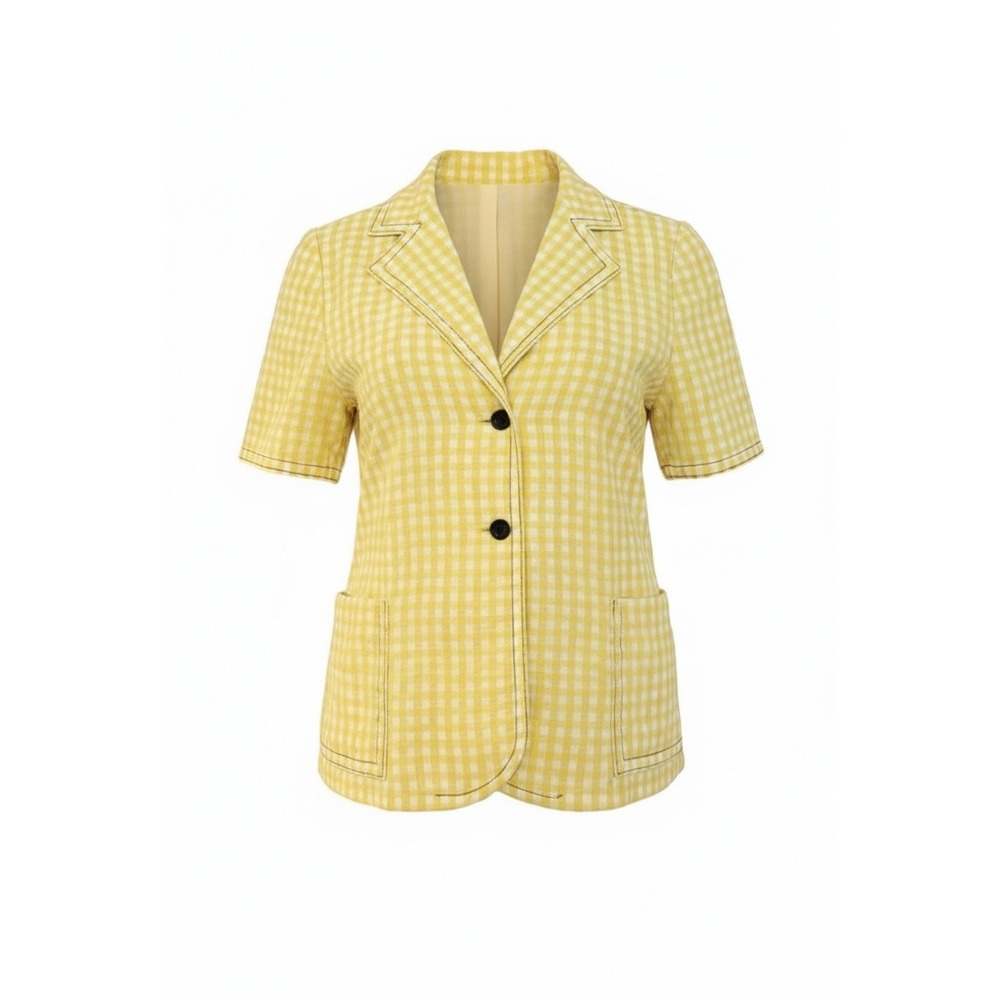VTG 70s retro handmade Yellow Gingham Short Sleeve French Girl Blazer Shirt Sz S